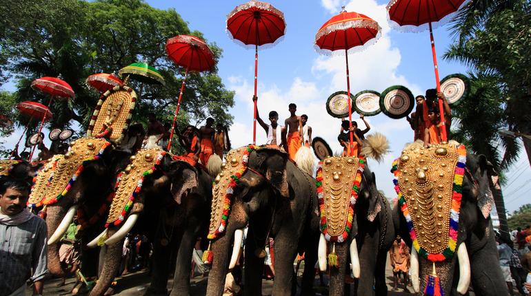 Trained men sitting on top of elephants wait for the Pooram procession to begin 