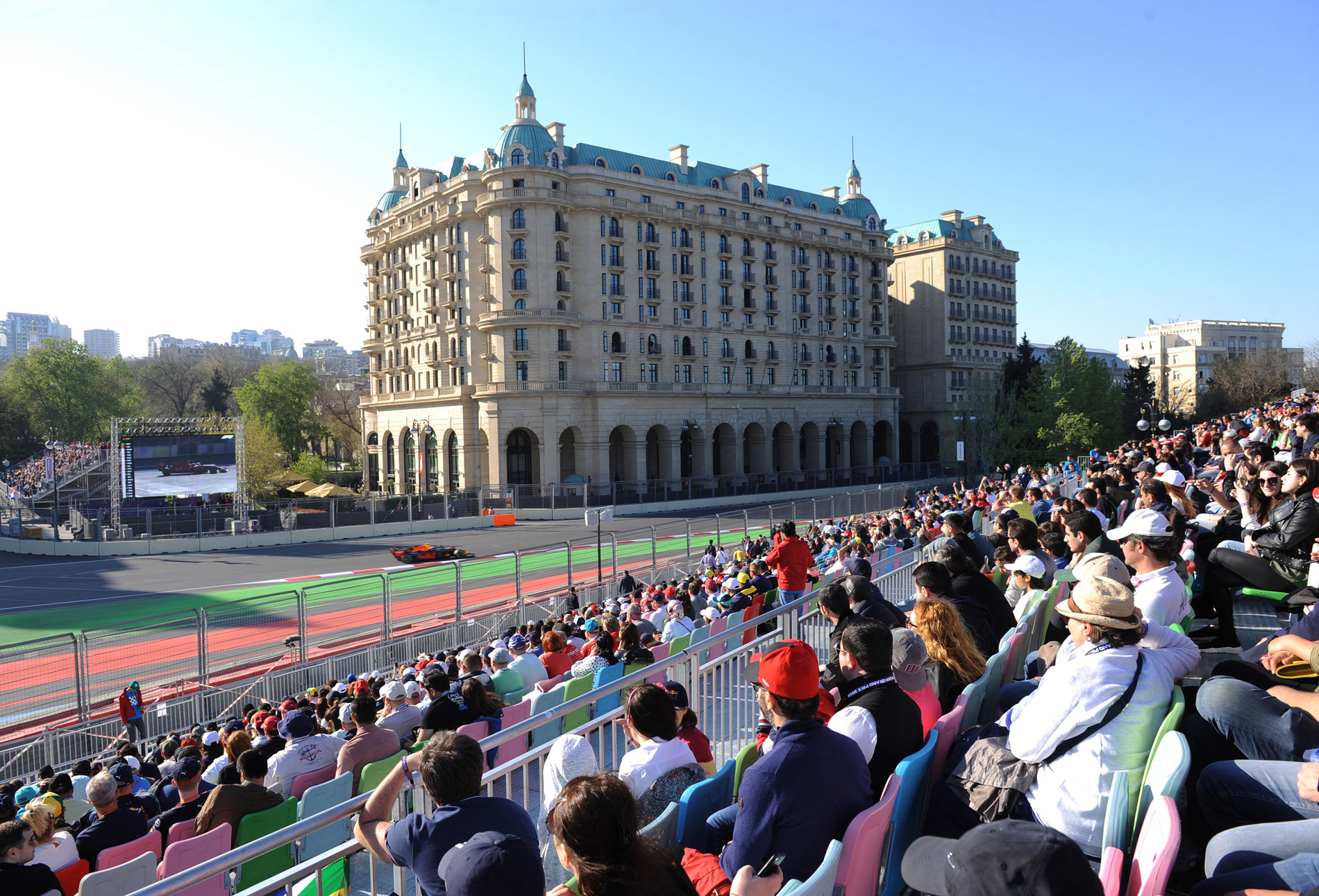 The Four Seasons Hotel overlooking the Baku City Circuit during the Azerbaijan Grand Prix