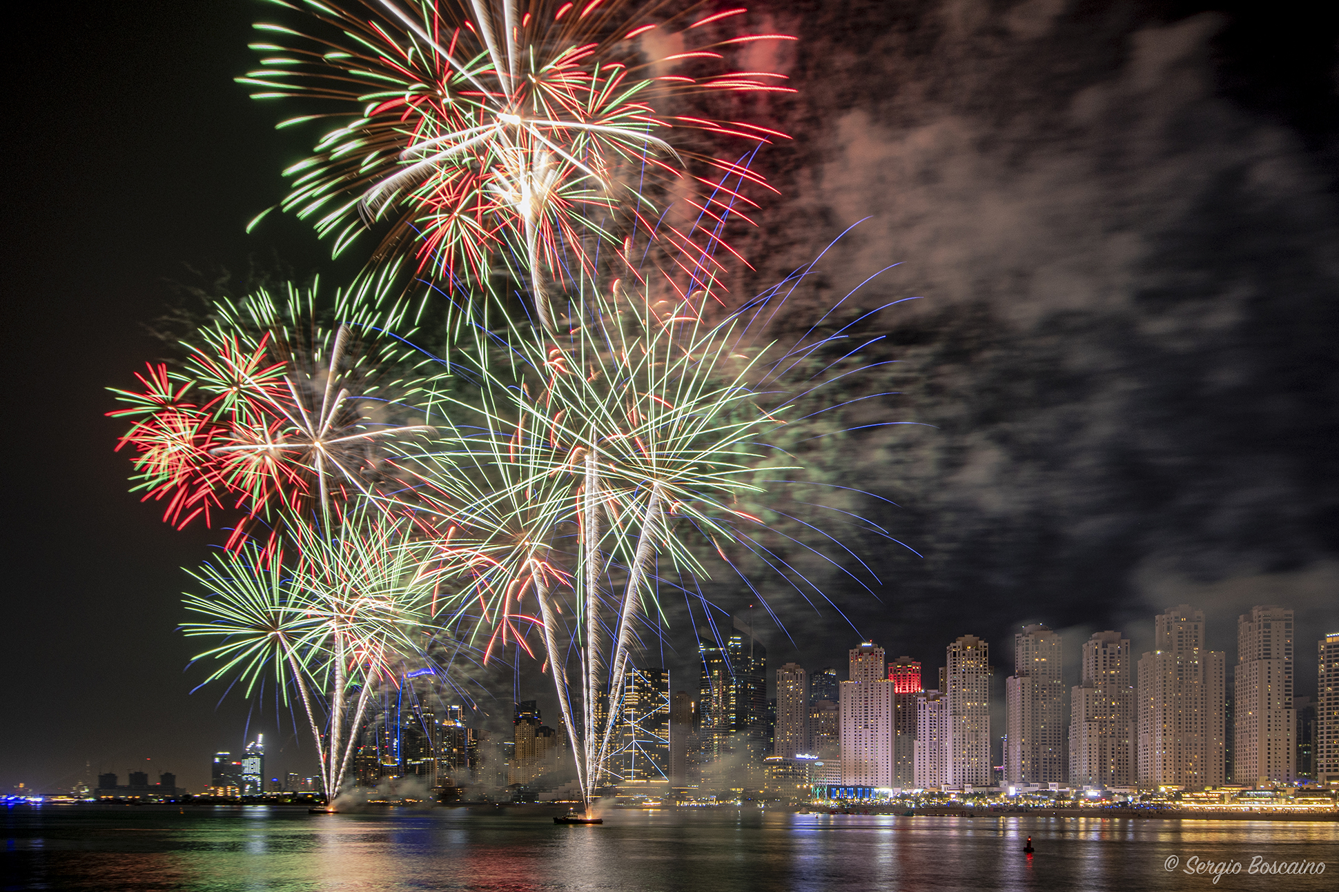 Fireworks lighting up the night sky over Dubai Marina during the Dubai Shopping Festival