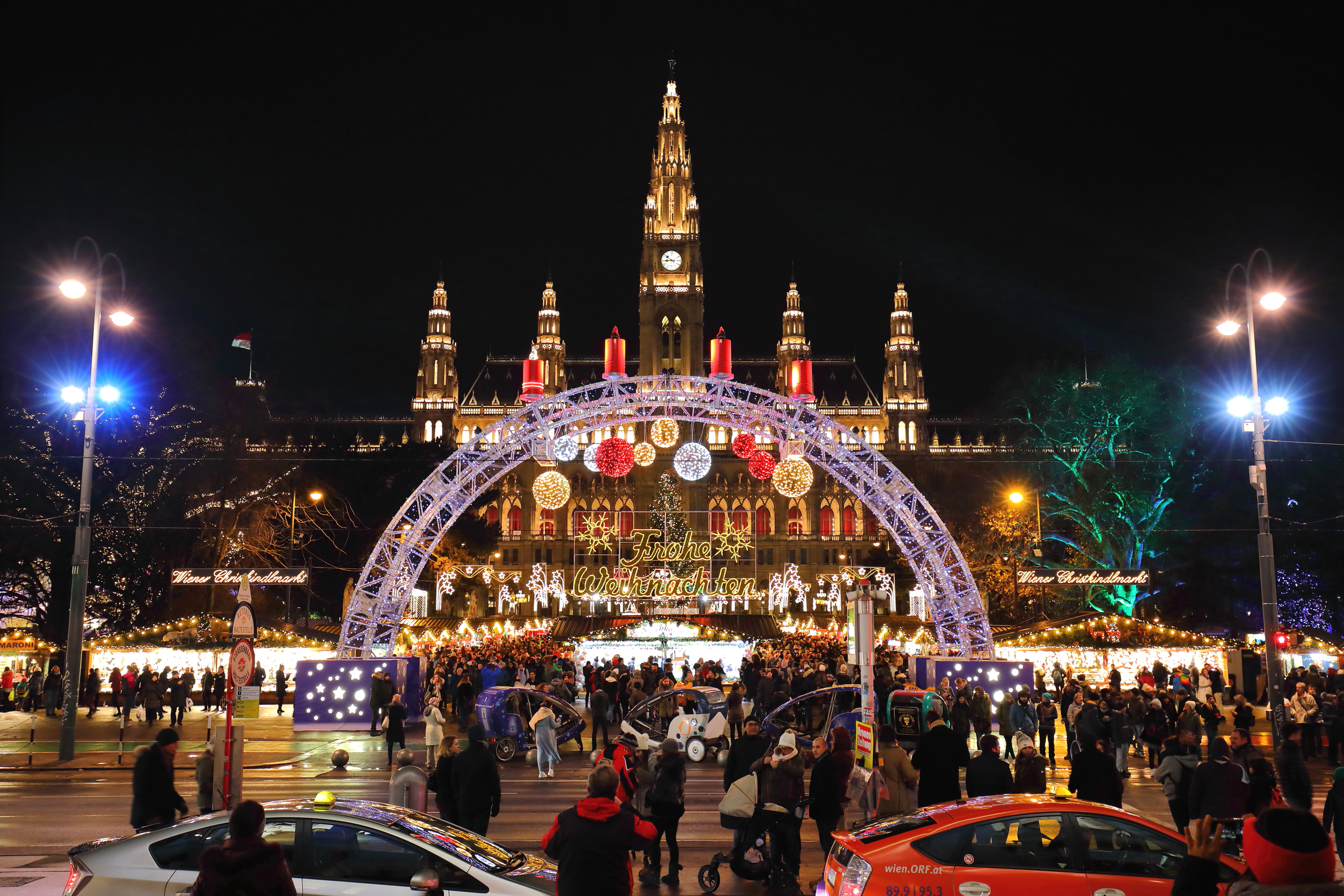 The Vienna Christkindlmarkt Christmas market lit up at Rathausplatz, Austria