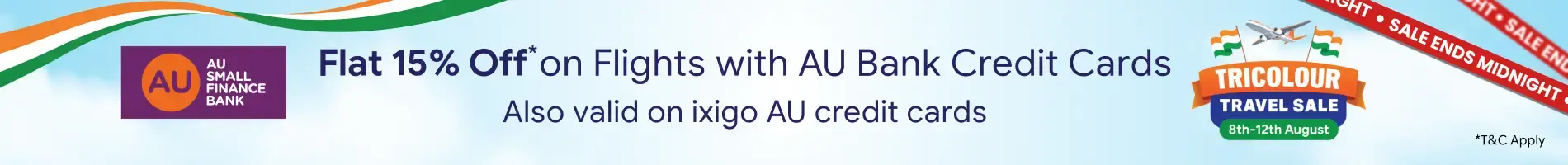 Flat 15% Off on Flights with AU Bank Credit Cards + Credit Card EMI