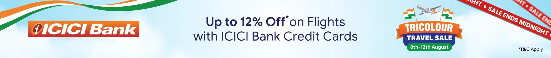 Up to 12% Off on Flights with ICICI Bank Credit Cards + Credit Card EMI