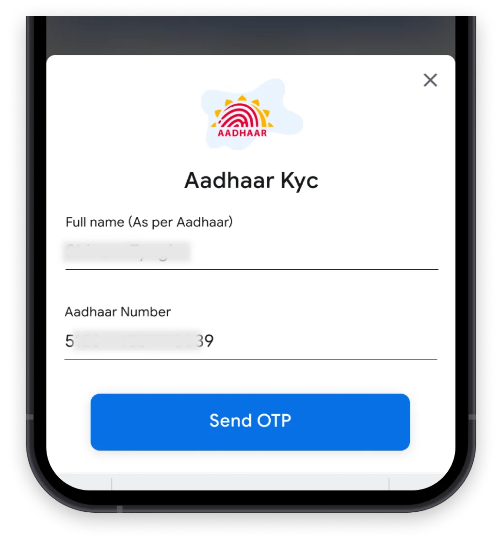 IRCTC Aadhaar KYC page and Send OTP