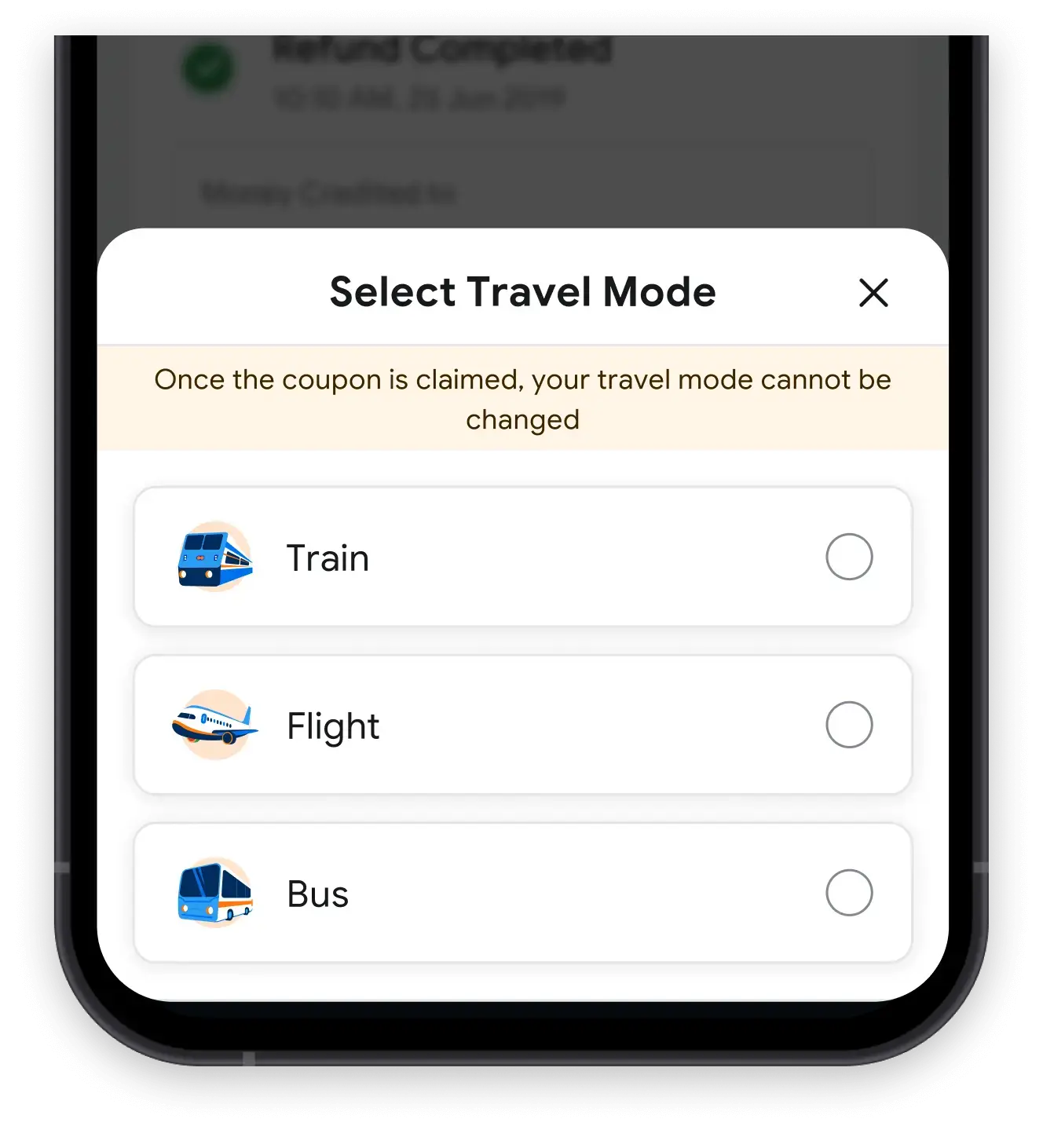 To claim your Travel Guarantee coupon, select your preferred travel mode