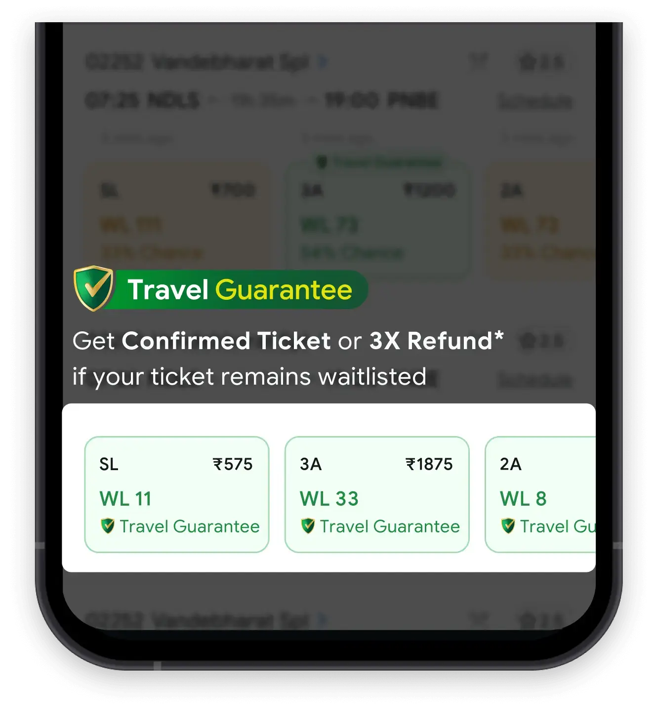 Select a waitlisted train option with the Travel Guarantee tag