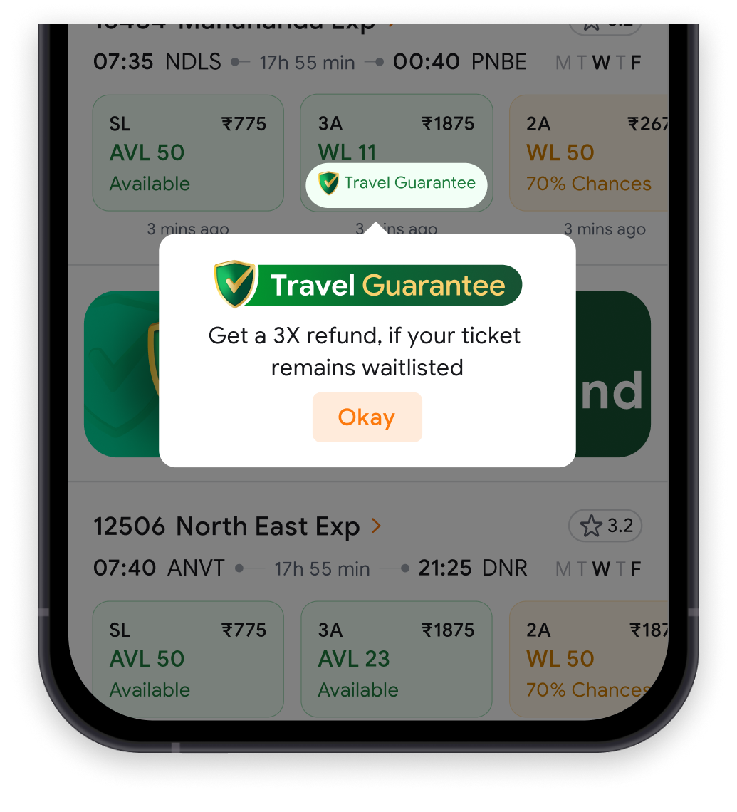 Select a waitlisted train option with the Travel Guarantee tag